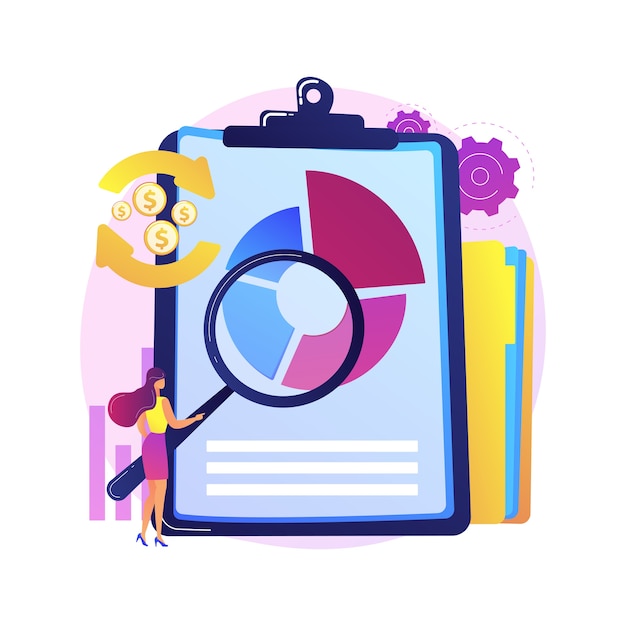 Free Vector financial analysis. man cartoon character with magnifying glass analyzing circular diagram with colorful segments. assessment, audit, research 