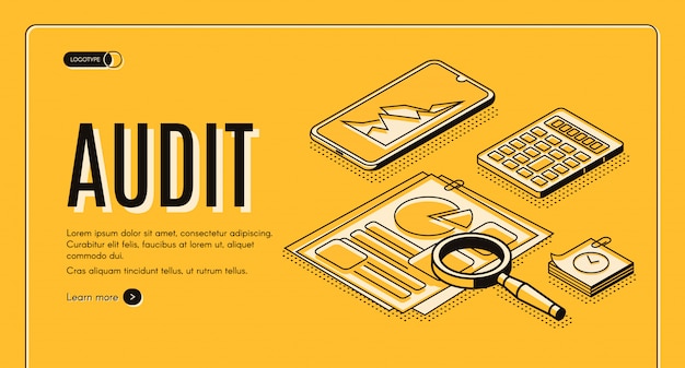 Financial audit online service isometric vector web banner, landing page. 