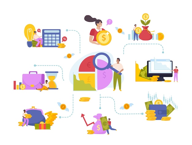 Free Vector financial diversification composition with balance and income symbols flat vector illustration