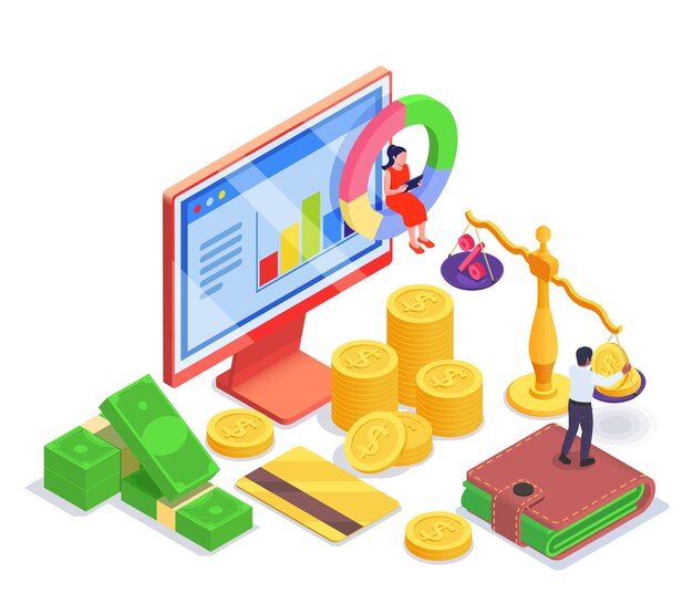 Financial education literacy isometric concept abstract situation of two people and around them the elements and devices for money circulation vector illustration