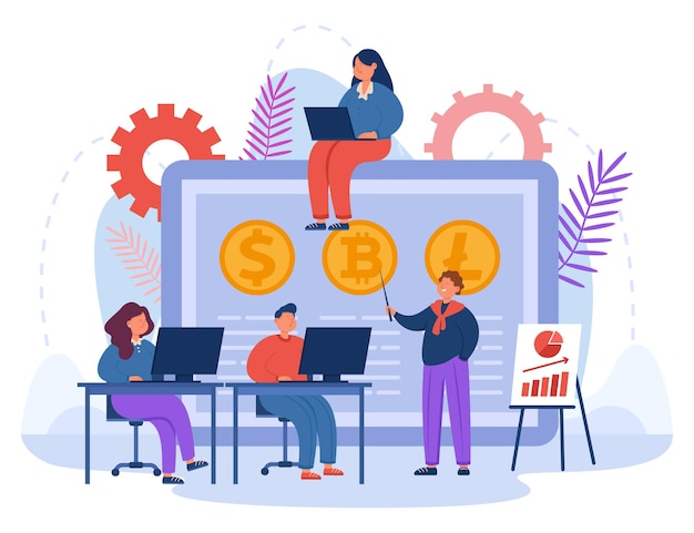 Financial literacy education flat vector illustration. Young people learning how to trade cryptocurrency at trading courses. Business, finance, trading concept