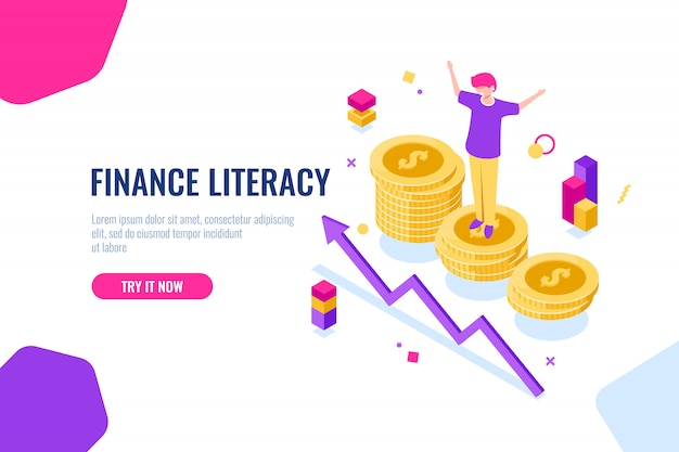 Financial literacy isometric, money accounting, economic illustration with woman who stand on podium