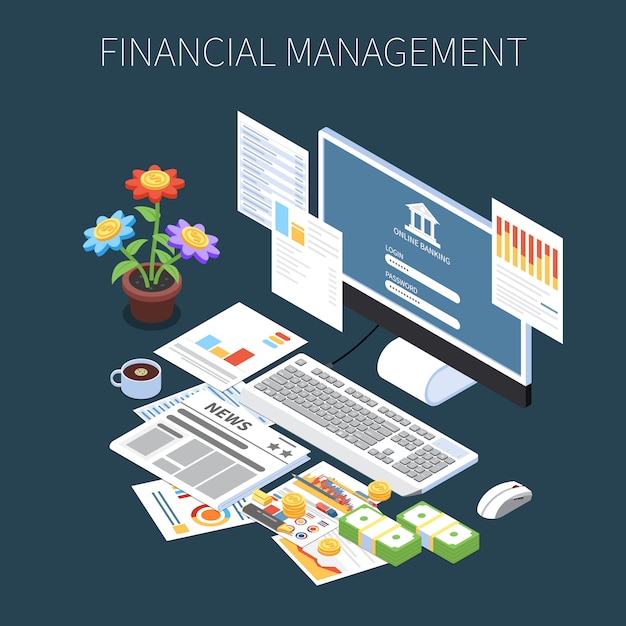 Free vector financial management isometric composition with money economic information and online banking on dark