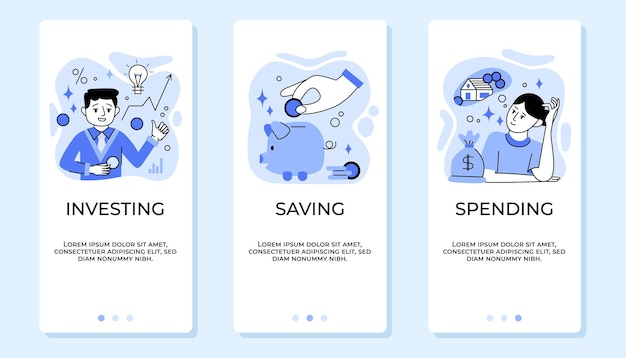 Financial planning investing spending and saving money flat app design banners set in blue color isolated vector illustration