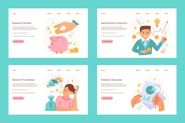 Free Vector financial planning landing pages set with clickable text links buttons and conceptual images with doodle people vector illustration