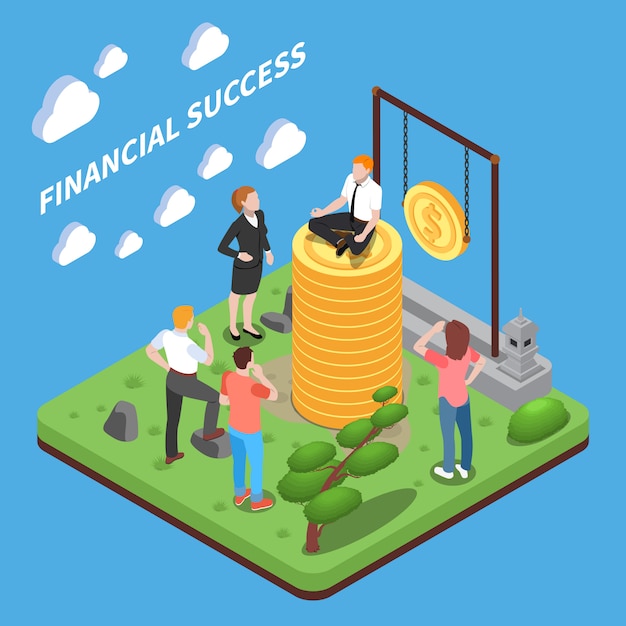 Financial success isometric composition human characters looking at man on top of heap of money