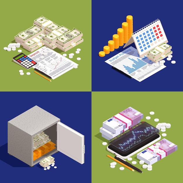 Financial technology 2x2 set with isometric money and stock exchange trading symbols isolated vector illustration