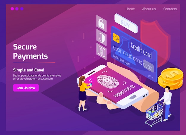 Financial technology secure payments isometric web page with glow and interface elements on purple