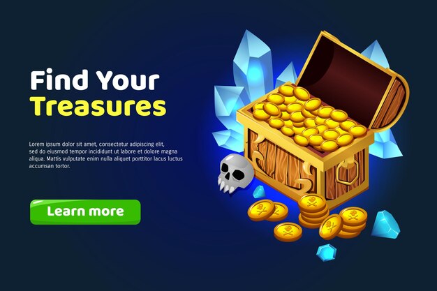 Find treasure cartoon banner with chest of gold and gemstones