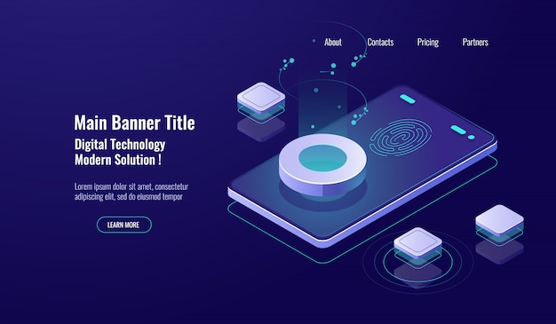 Free Vector fingerprint access, data security isometric icon, mobile phone screen, account protection concept