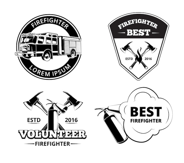 Fire department, firefighter labels and badges vector set. Protection fire emblems