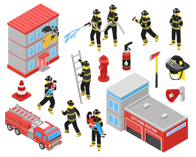 Free Vector fire department isometric icons set 