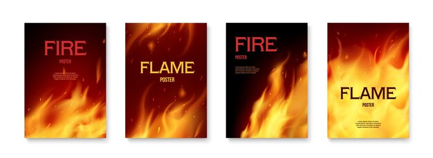 Fire flame on dark background realistic vertical posters set isolated vector illustration