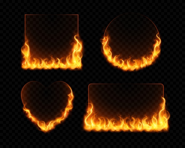 Fire flame frames realistic set of burning geometrical figures on dark transparent background isolated