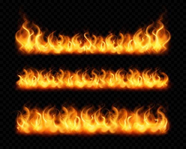 Fire flame realistic borders set of horizontal burning bonfires isolated on dark transparent background