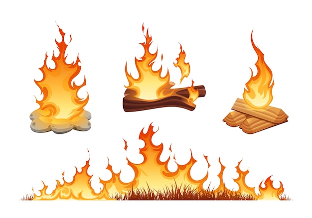 Free Vector fire flames set in flat style with burning wood grass and campfire fenced with stones isolated vector illustration