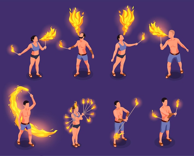 Free Vector fire show isometric icons set with male and female street performers isolated vector illustration