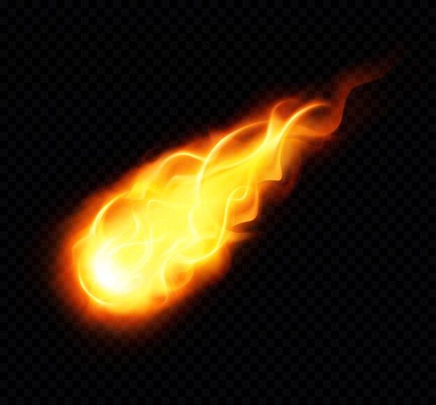 Fireball realistic poster with burning yellow flying astronomical object on black background