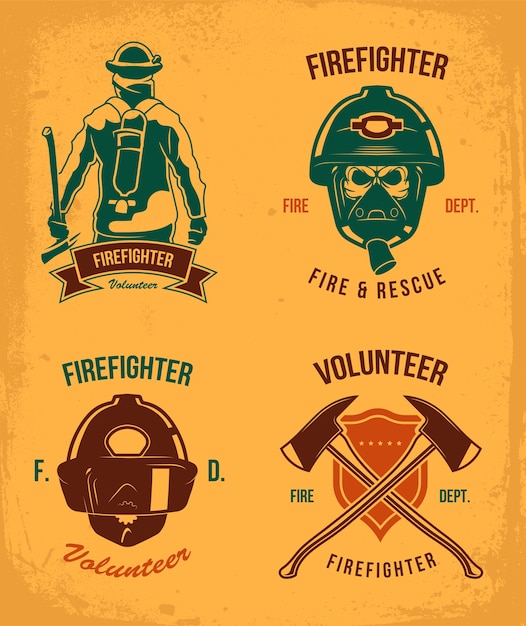 Free Vector firefighter badges set. vintage patches with fireman in helmet and gas. emblem with axes and shield in grunge style. vector illustration collection for fire department logo templates