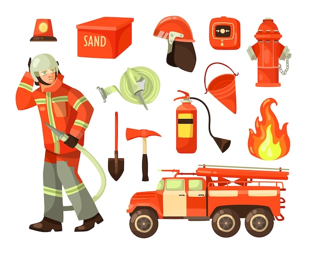 Free Vector firefighter and firefighting equipment cartoon illustration set. fire lorry, hose, hydrant, extinguisher, helmet, alarm, shovel, sand isolated on white background. emergency department, rescue concept