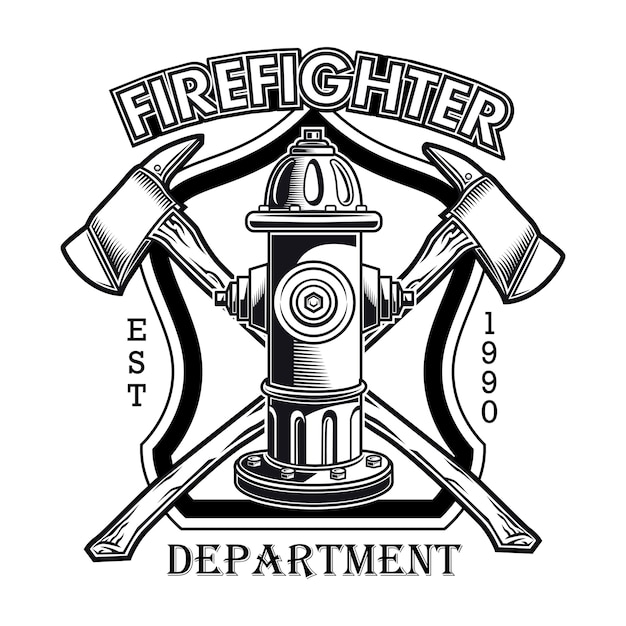 Firefighter logo with hydrant vector illustration. Crossed axes and fire dept text