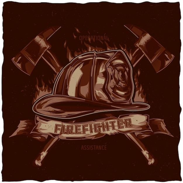 Free vector firefighter t-shirt label design with illustration of helmet with crossed axes. hand drawn illustration.