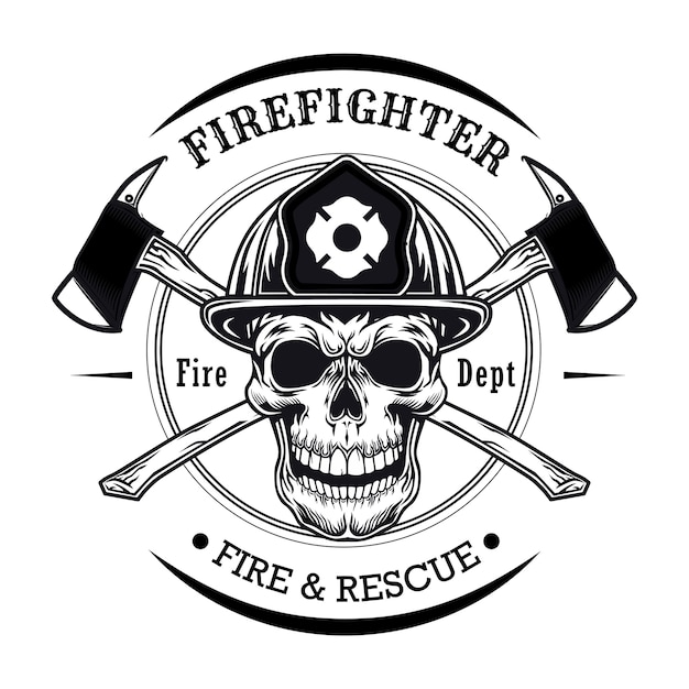 Free Vector firefighter with skull vector illustration. head of character in helmet with crossed axes