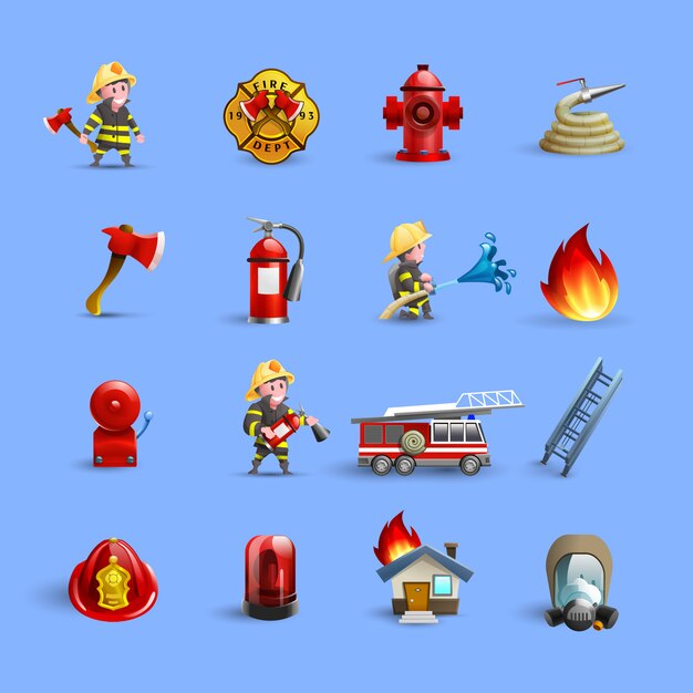 Firefighters Cartoon Icons Red Blue Set