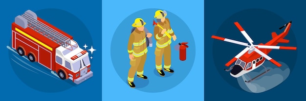 Firefighting  horizontal  banner  consisting  of  three  square  parts  with  firefighters  firetruck  aircraft  isometric  icons    illustration