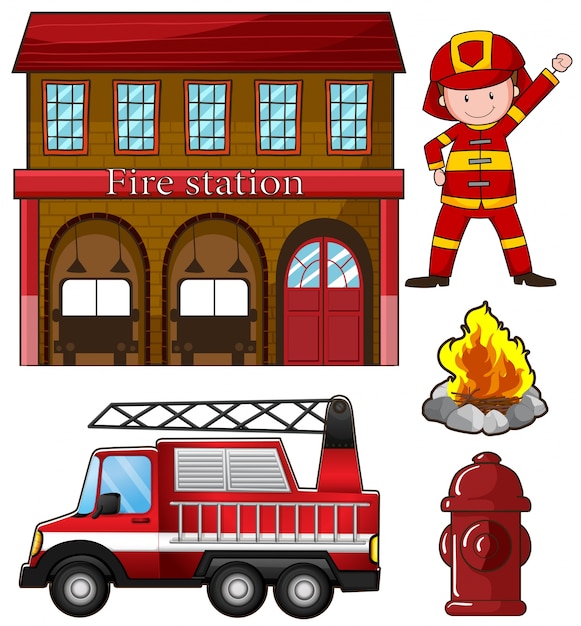 Free Vector fireman and fire station illustration