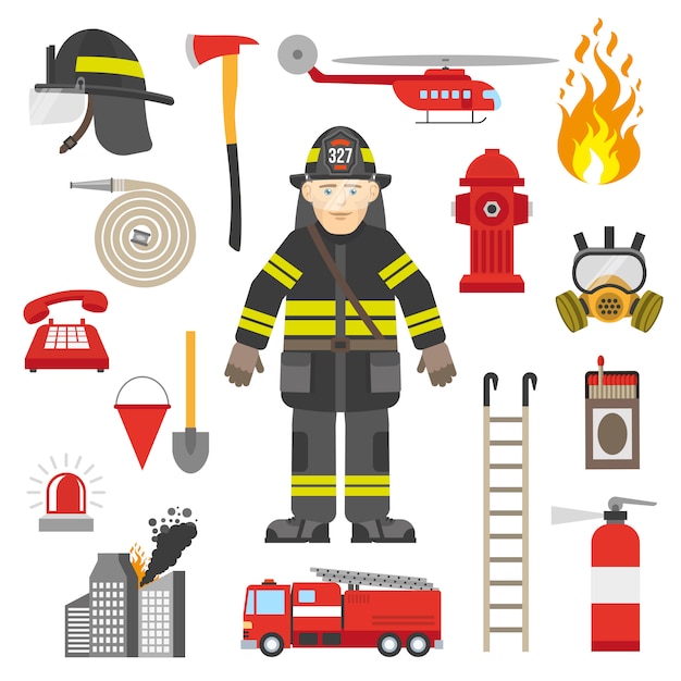  Fireman Professional Equipment Flat Icons Collection 