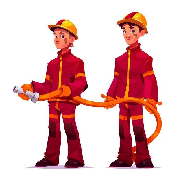 Firemen holding water hose for extinguish fire