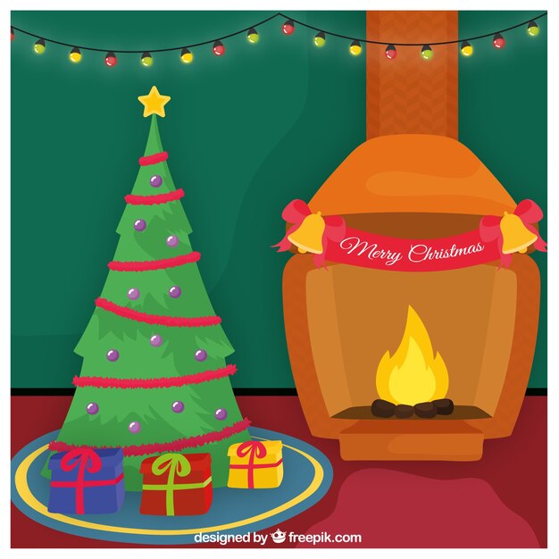 Fireplace background and christmas tree with gifts