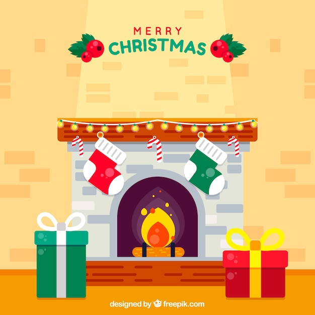 Fireplace background in flat design with gifts