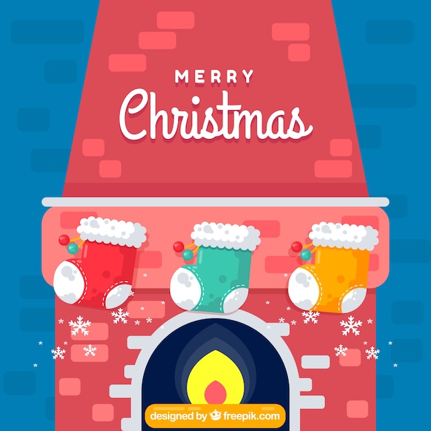 Fireplace background with christmas socks in flat design