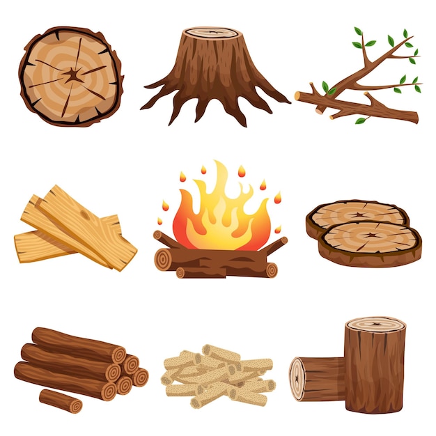 Free Vector firewood flat elements collection with tree stump branches cut logs circular segments planks campfire isolated