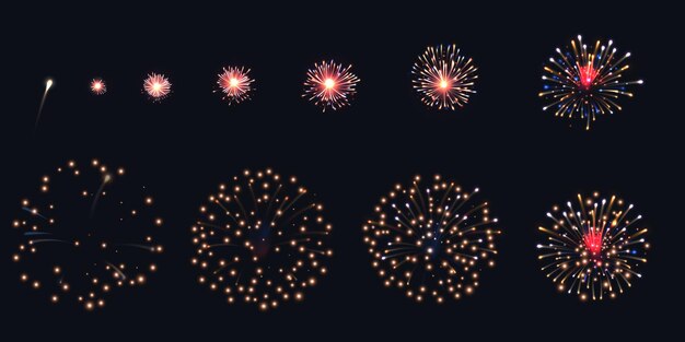 Firework animation realistic set with celebration symbols isolated illustration