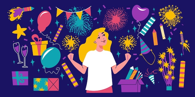 Free Vector firework flat items set with happy girl and celebration symbols vector illustration