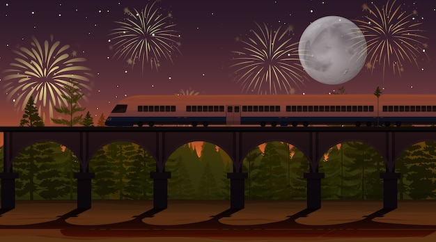 Free Vector fireworks celebration with train scene