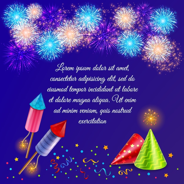 Fireworks composition with ornate firework display images of firecrackers party hats and confetti with text