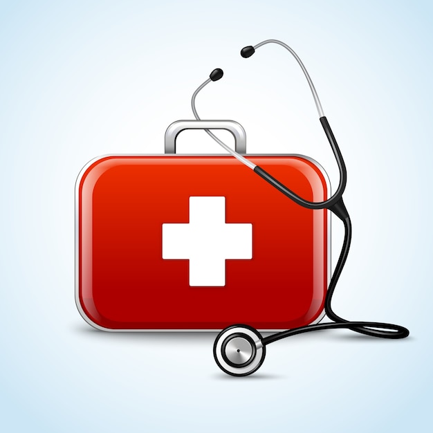 First aid healthcare concept with medical box and stethoscope vector illustration