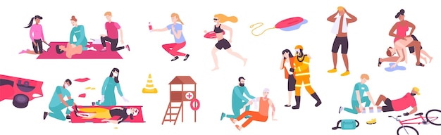 First aid icon set with flat human characters of lifeguards fire fighters and doctors helping people vector illustration