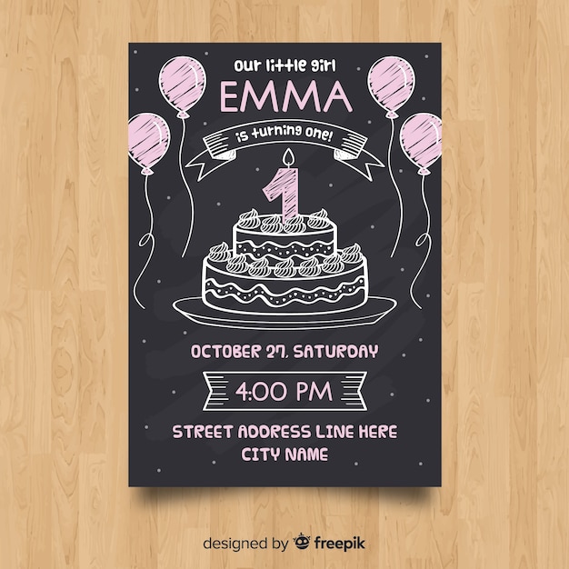 Free vector first birthday blackboard cake card template