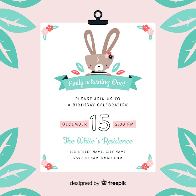 Free vector first birthday flower rabbit invitation