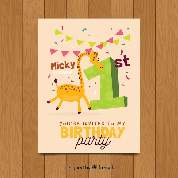 Free vector first birthday invitation giraffe