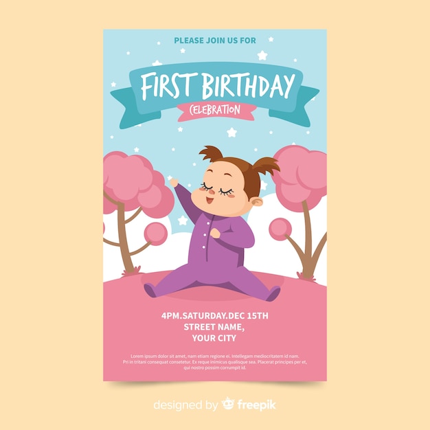 Free vector first birthday party invitation card