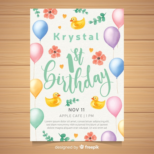 Free vector first birthday party invitation card