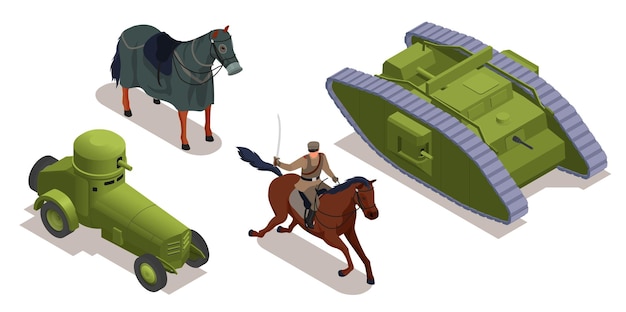 First world war military vehicles and cavalry isometric set isolated vector illustration