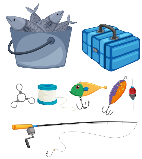 Fish in bucket and fishing set illustration