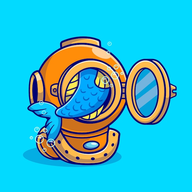 Fish On Diver Helmet Cartoon Vector Icon Illustration. Animal Nature Icon Concept Isolated Premium